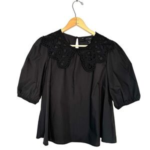 New Look | Black Puff Sleeve Eyelet Collar Top Size 10